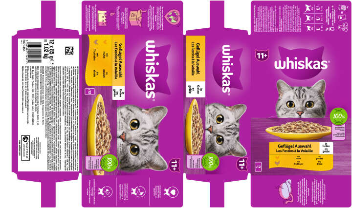 whiskas Katzen-Nassfutter Portionsbeutel Multipack 11+ Geflügel Auswahl in Gelee 12 x 85g